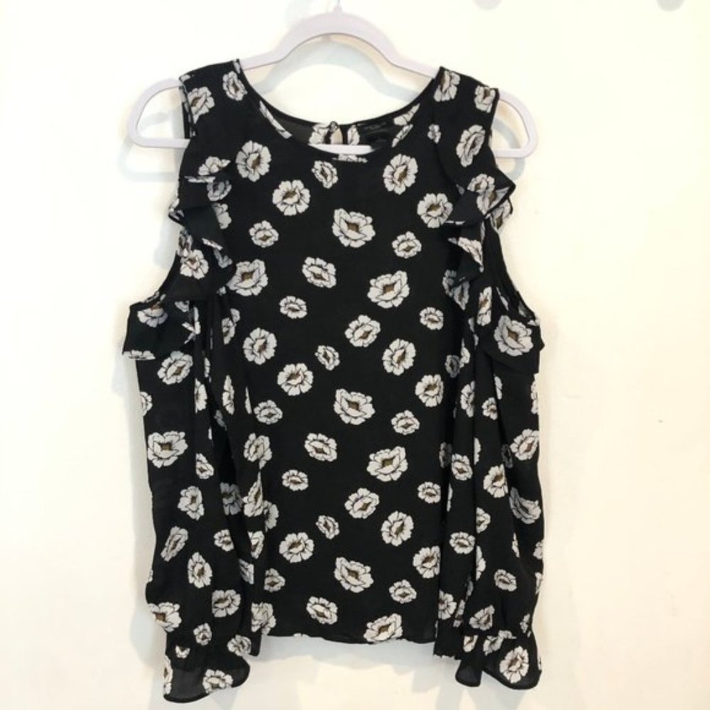 Ann Taylor Floral Cold Shoulder Ruffle Sheer Top Large Long Sleeve Black White
